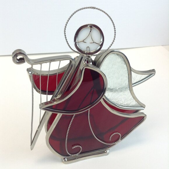 Vintage Red Stained Glass Harp Playing Angel Votive/Tealight Holder - Picture 3 of 16